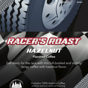 Label for the Racer’s Roast Hazelnut flavored coffee