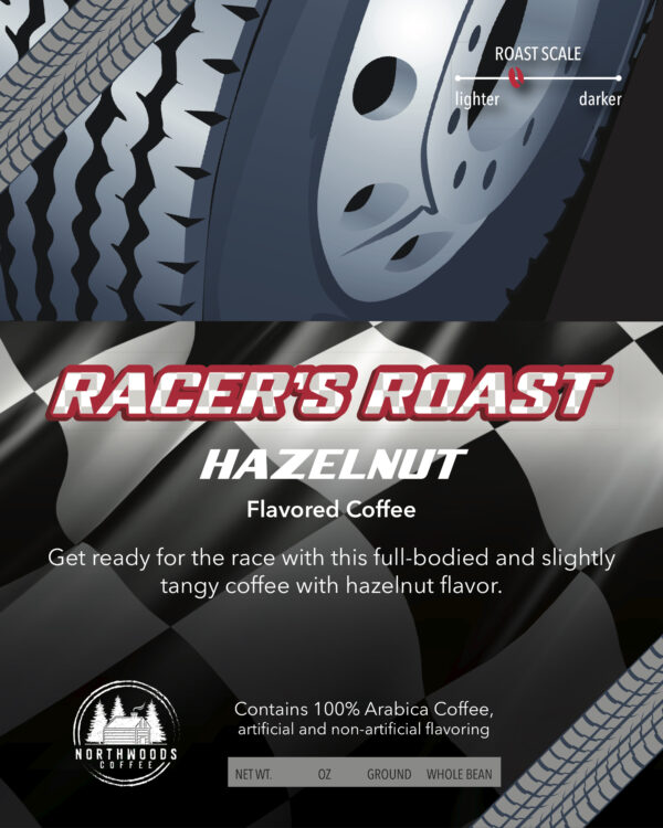 Label for the Racer’s Roast Hazelnut flavored coffee