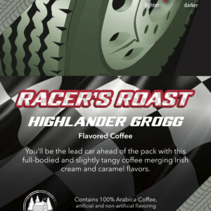 Label for the Racer’s Roast Highlander Grogg flavored coffee