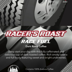 Label for the Racer’s Roast Race Fuel coffee