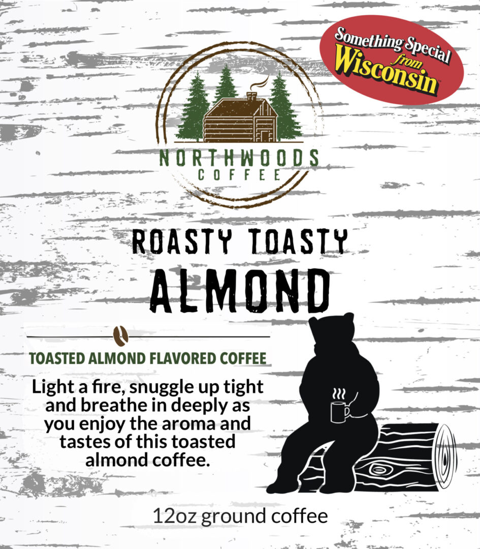 Label for the Roasty Toasty Almond flavored coffee